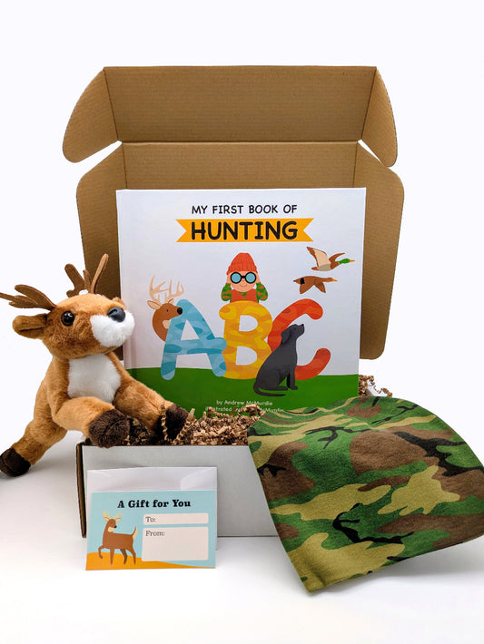 Gift set for baby showers includes a hardcover book, My First Book of Hunting ABC, plush deer, camouflage hat, and gift tag.