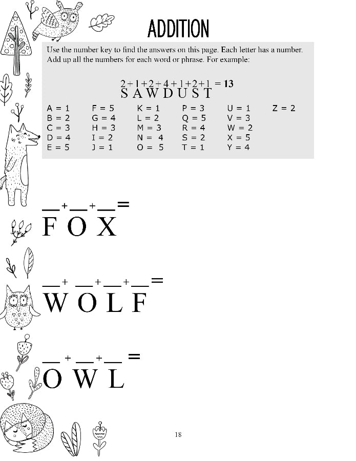 Educational page with addition problem and number-letter associations, featuring animals and nature-themed illustrations.