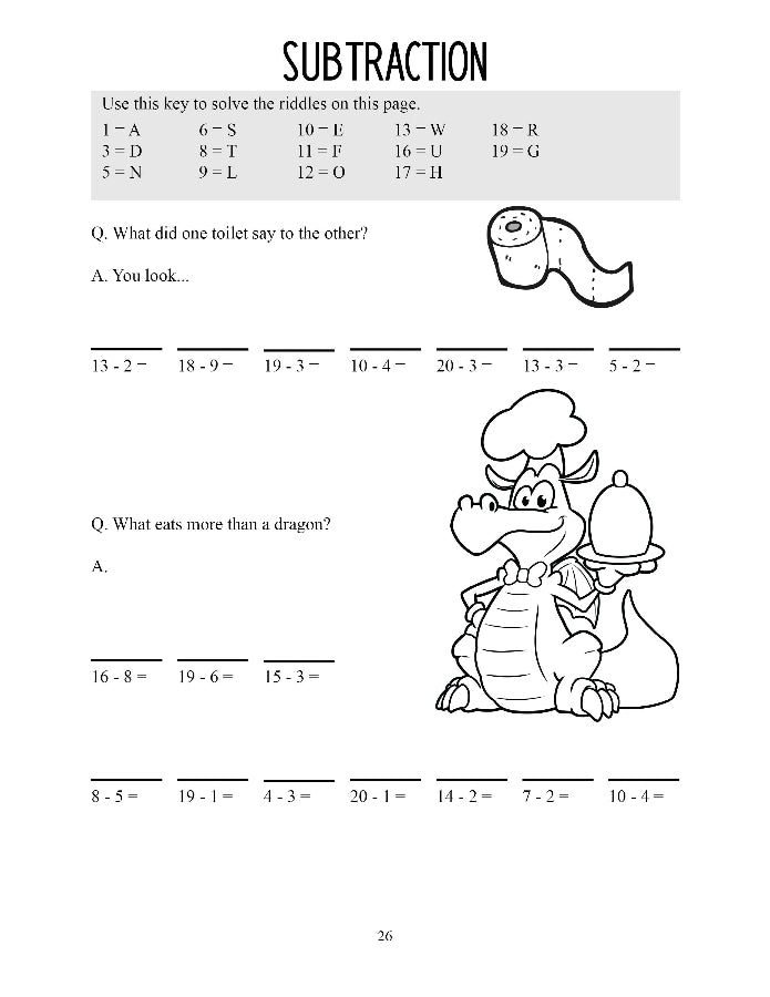 Subtraction worksheet with riddles and a cartoon alligator, featuring a key at the top.