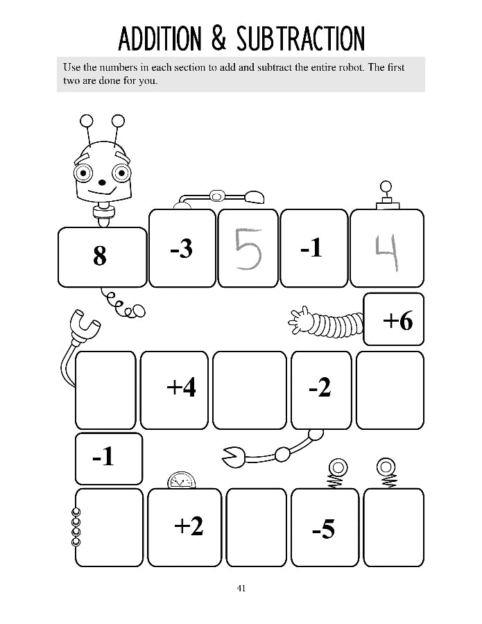 Addition and subtraction worksheet with a cartoon robot and instructions at the top.
