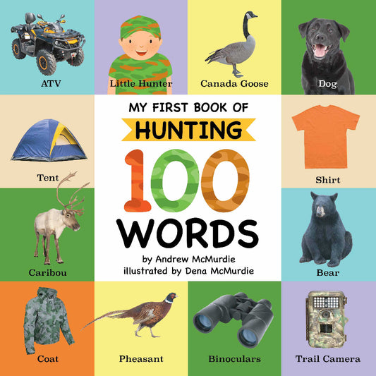 Children's book cover with images and words related to hunting on a grid background