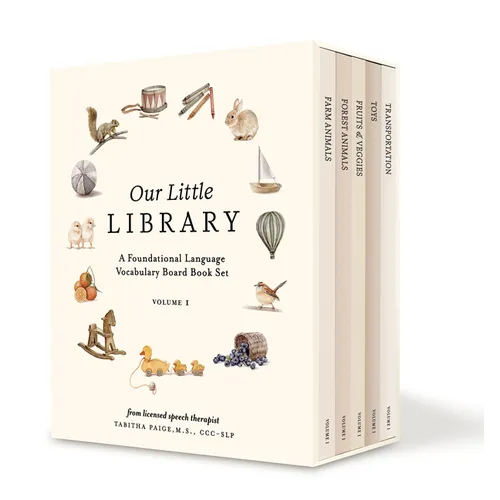 Our Little Library: A Foundational Language Vocabulary Board Book Set for Babies, Including Farm Animals, Forest Animals, Fruits and Veggies, Toys, an